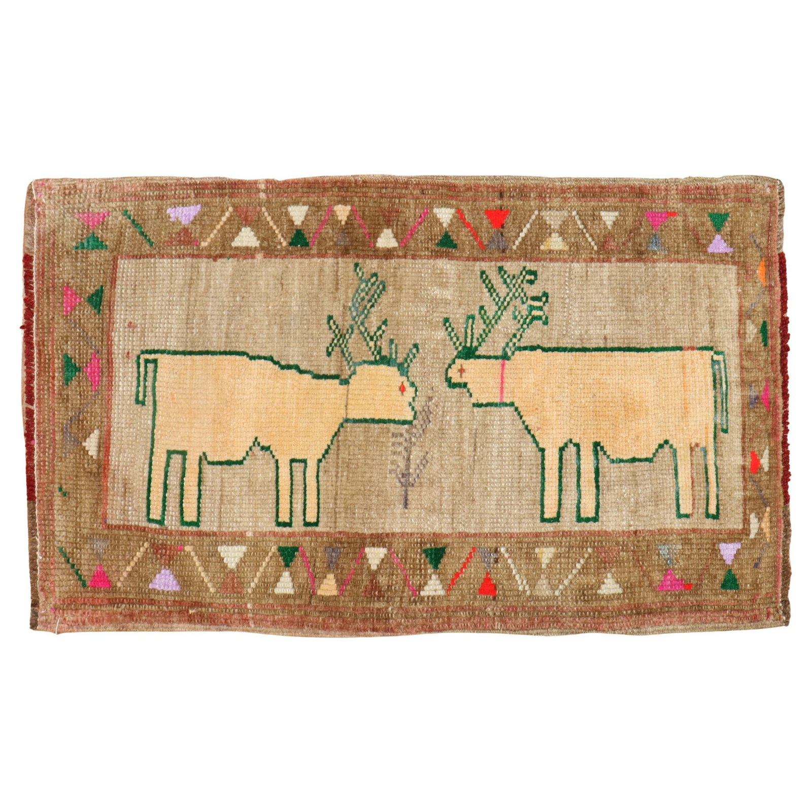 Mid-20th Century Hand-Knotted Turkish Deer Rug 21 x 33: Mid-20th Century Hand-Knotted Turkish Deer Rug 21 x 33 This exquisite Vintage Turkish Deer Pictorial Rug features a charming depiction of two deer set against a rich brown field, embodying the rustic 