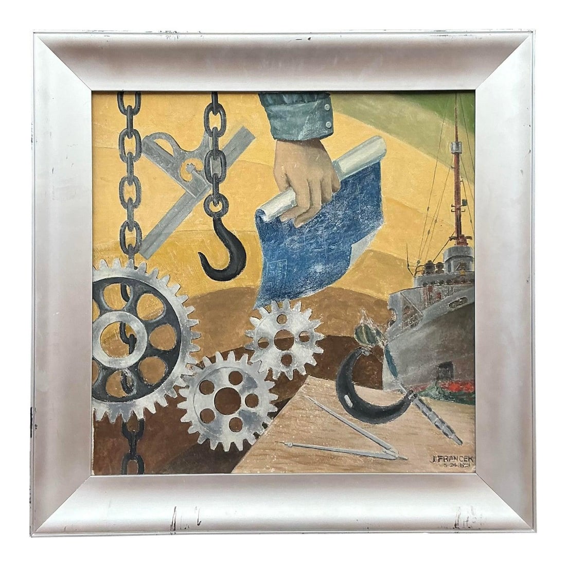 Mid 20th Century WPA Vintage Oil Painting on Board Boho Style: Mid 20th Century WPA Vintage Oil Painting on Board Boho Style Step back into a significant era of American art history with this compelling vintage original oil painting on board, potentially created 