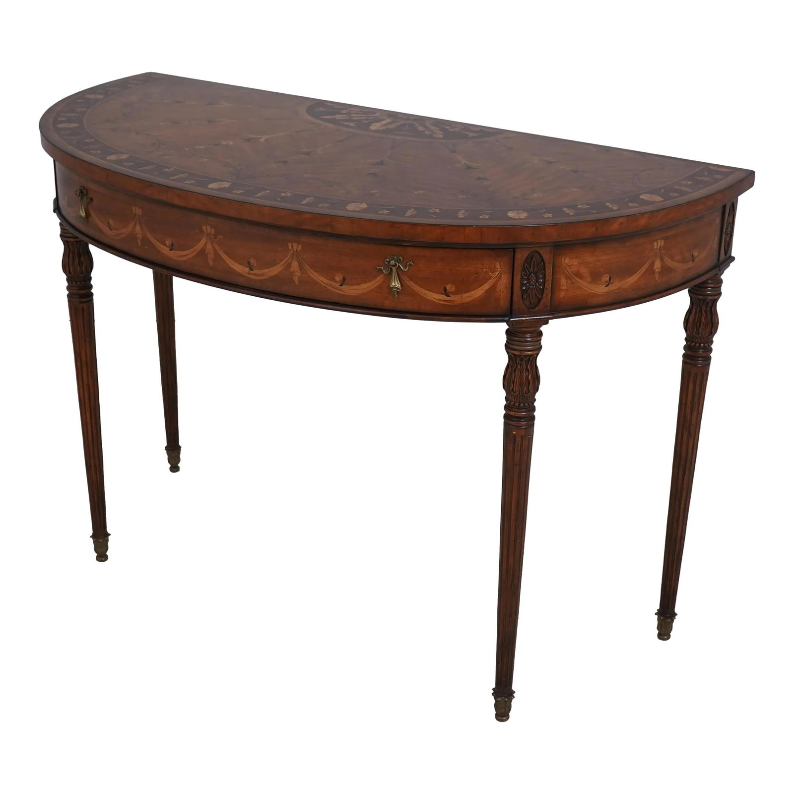 Jonathan Charles Inlaid Wood Console Table with Drawer: Jonathan Charles Inlaid Wood Console Table with Drawer This elegant console table features fine carved details and high-quality construction, showcasing exquisite inlay work throughout. Crafted from w
