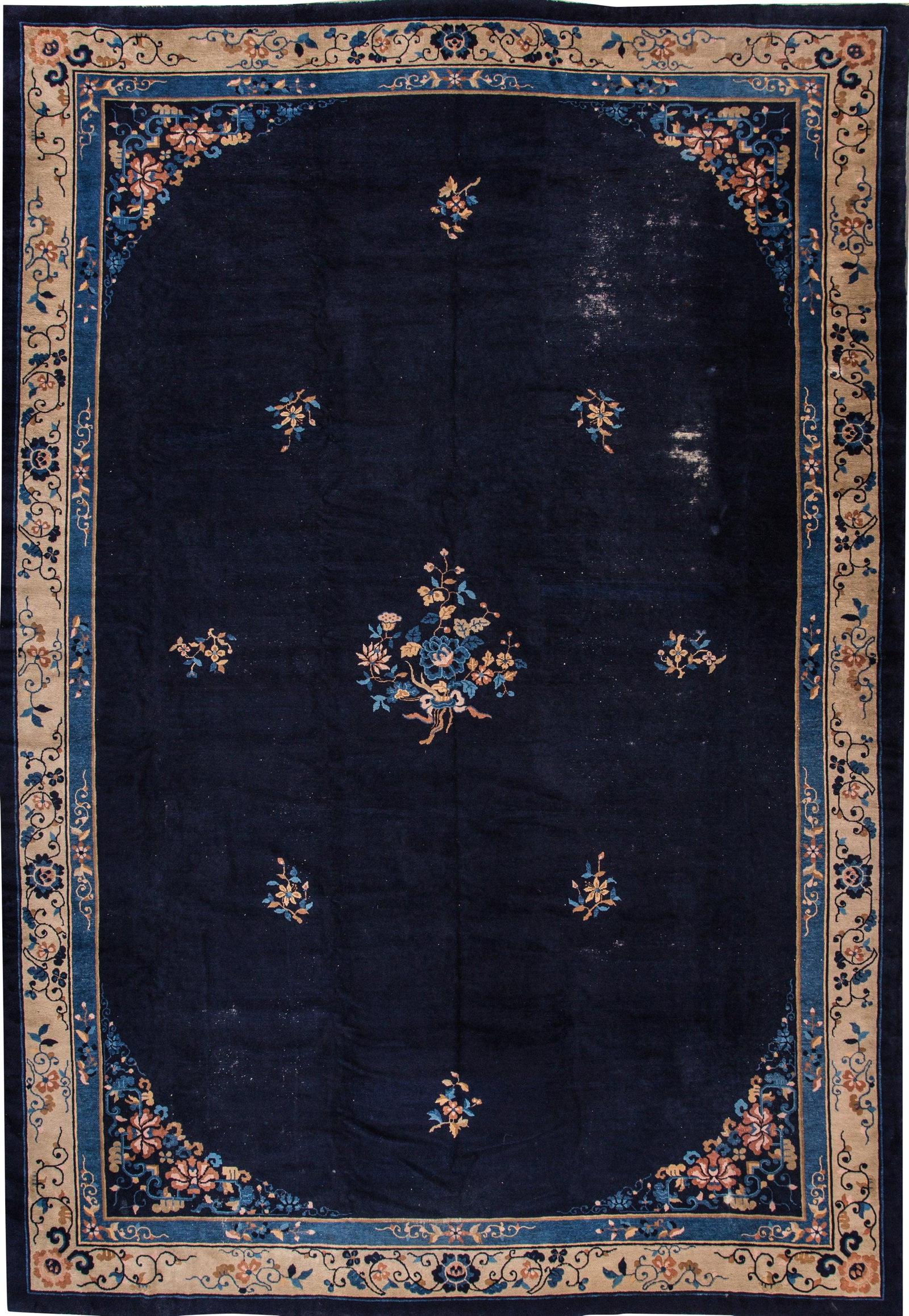 Oversized Antique Chinese Art Deco Wool Rug 11'6 x 16'6 Navy Blue Floral Design: Oversized Antique Chinese Art Deco Wool Rug 11'6 x 16'6 Navy Blue Floral Design Elevate your space with this stunning oversize Antique Chinese Art Deco rug, meticulously hand-knotted from high-quality