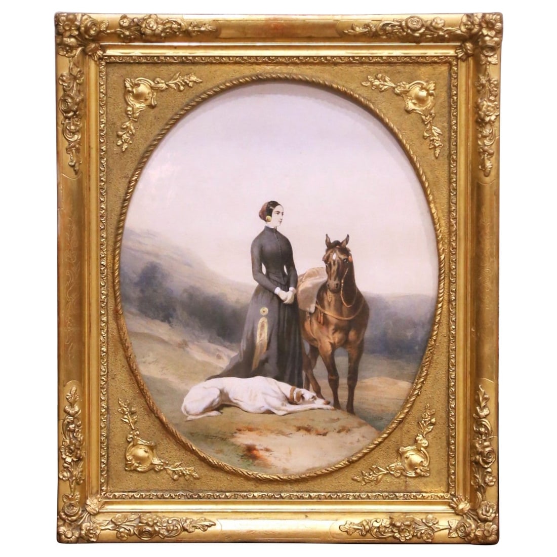Antique French Portrait of Woman with Horse and Dog in Ornate Giltwood Frame: Antique French Portrait of Woman with Horse and Dog in Ornate Giltwood Frame This mid-19th century French equestrian portrait, painted circa 1860, depicts a refined lady in formal riding attire standi