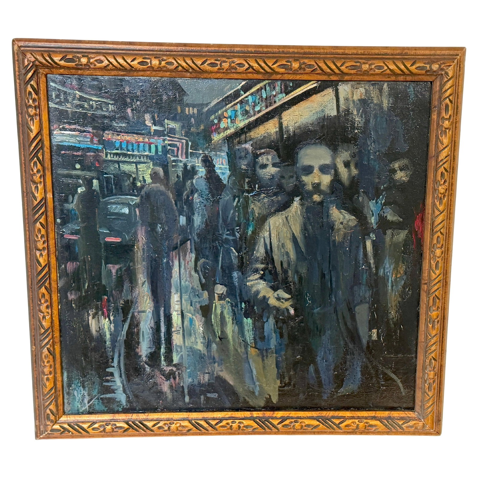Shalaev 1989 Expressionist Oil Painting of Leningrad Nighttime Crowd Scene: Shalaev 1989 Expressionist Oil Painting of Leningrad Nighttime Crowd Scene This evocative late-Soviet oil painting by Shalaev, dated 1989, depicts a nocturnal street scene in Leningrad at the cusp of 
