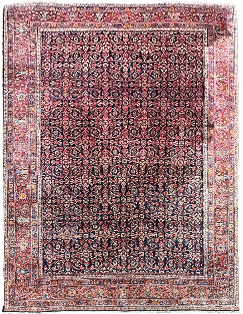 338cm x 419cm Hand Knotted Wool Rug Navy Traditional C 1910: 338cm x 419cm Hand Knotted Wool Rug Navy Traditional C 1910 An exceptional antique traditional rug with a richly saturated navy blue field and an elegant allover geometric design. It is hand-knotted a