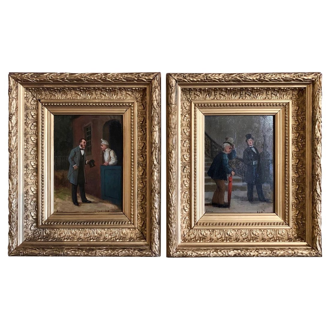 French Oil on Canvas Pair Candidat and Elu in Giltwood Frames: French Oil on Canvas Pair Candidat and Elu in Giltwood Frames This pair of mid-19th century French genre paintings, titled "Candidat" and "Elu," offers a charming narrative depiction of a political fi
