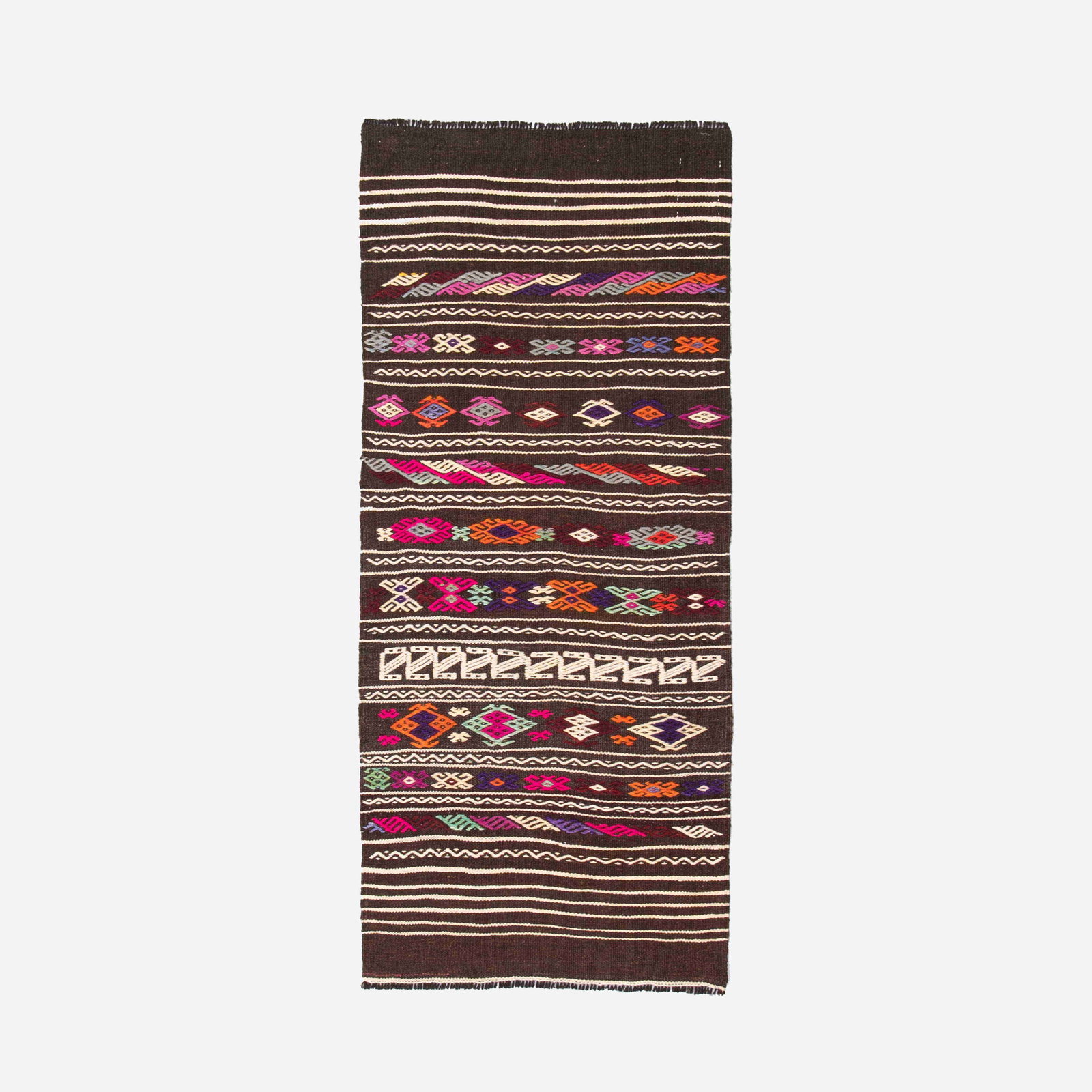 Authentic Handmade Cicim Wool Kilim 26.8 x 61.8 Inches: Authentic Handmade Cicim Wool Kilim 26.8 x 61.8 Inches Experience the artistry of this Authentic Handmade Cicim, crafted from high-quality wool on wool. This exquisite kilim features a stunning design