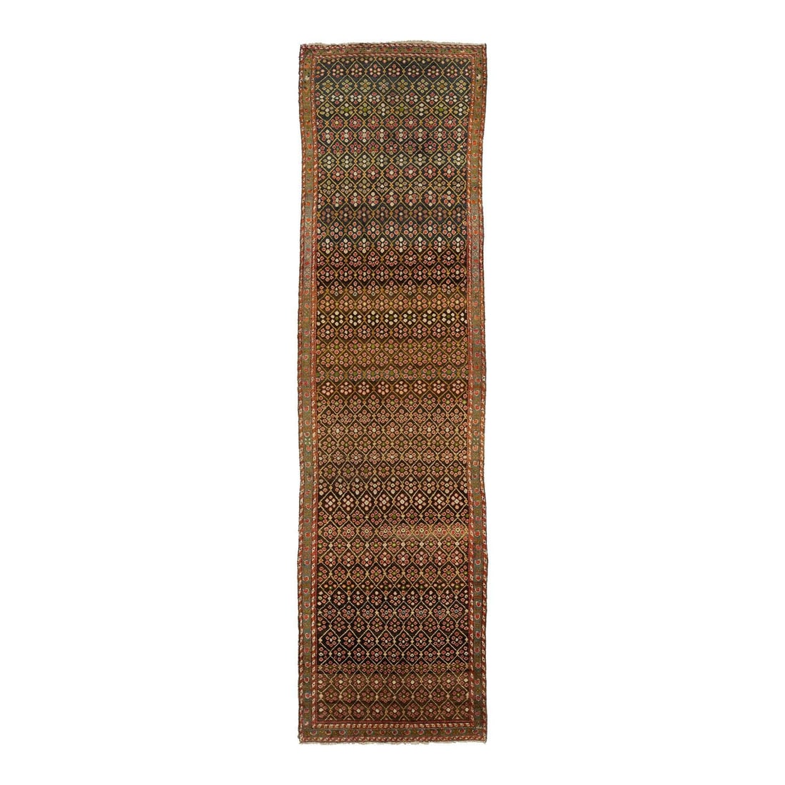 Handmade Antique Malayer Wool Runner Rug Floral Design 3'7 x 14'4: Handmade Antique Malayer Wool Runner Rug Floral Design 3'7 x 14'4 This exquisite 20th-century Malayer runner rug is expertly hand-knotted from high-quality wool, showcasing a rich brown and blue color