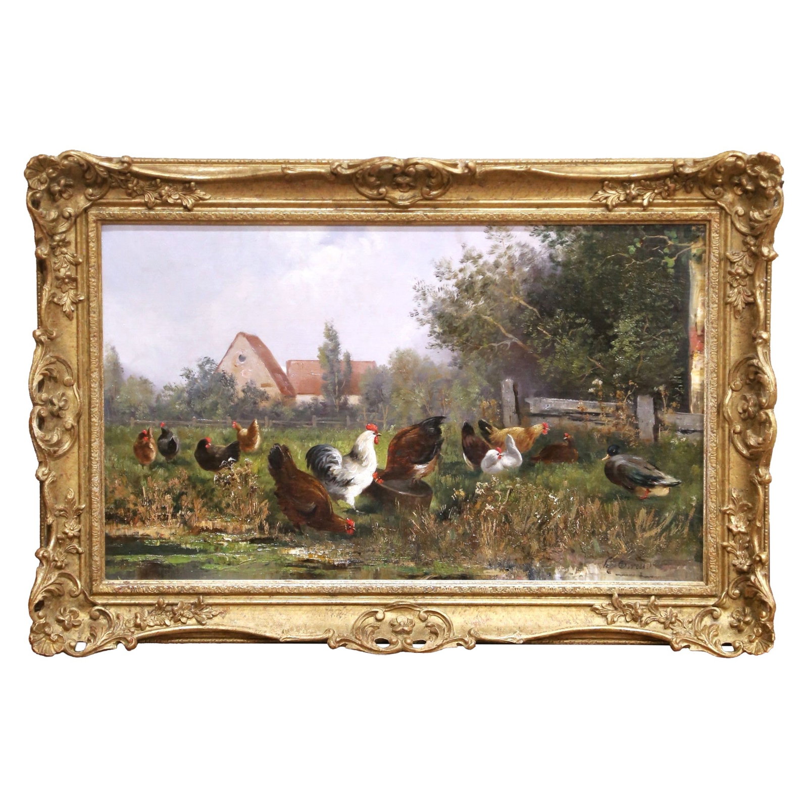 Signed English Farmyard Oil on Canvas in Giltwood Rococo Frame: Signed English Farmyard Oil on Canvas in Giltwood Rococo Frame This late 19th-century English oil painting captures a vibrant farmyard scene featuring hens, roosters, and ducks beside a reflective pon
