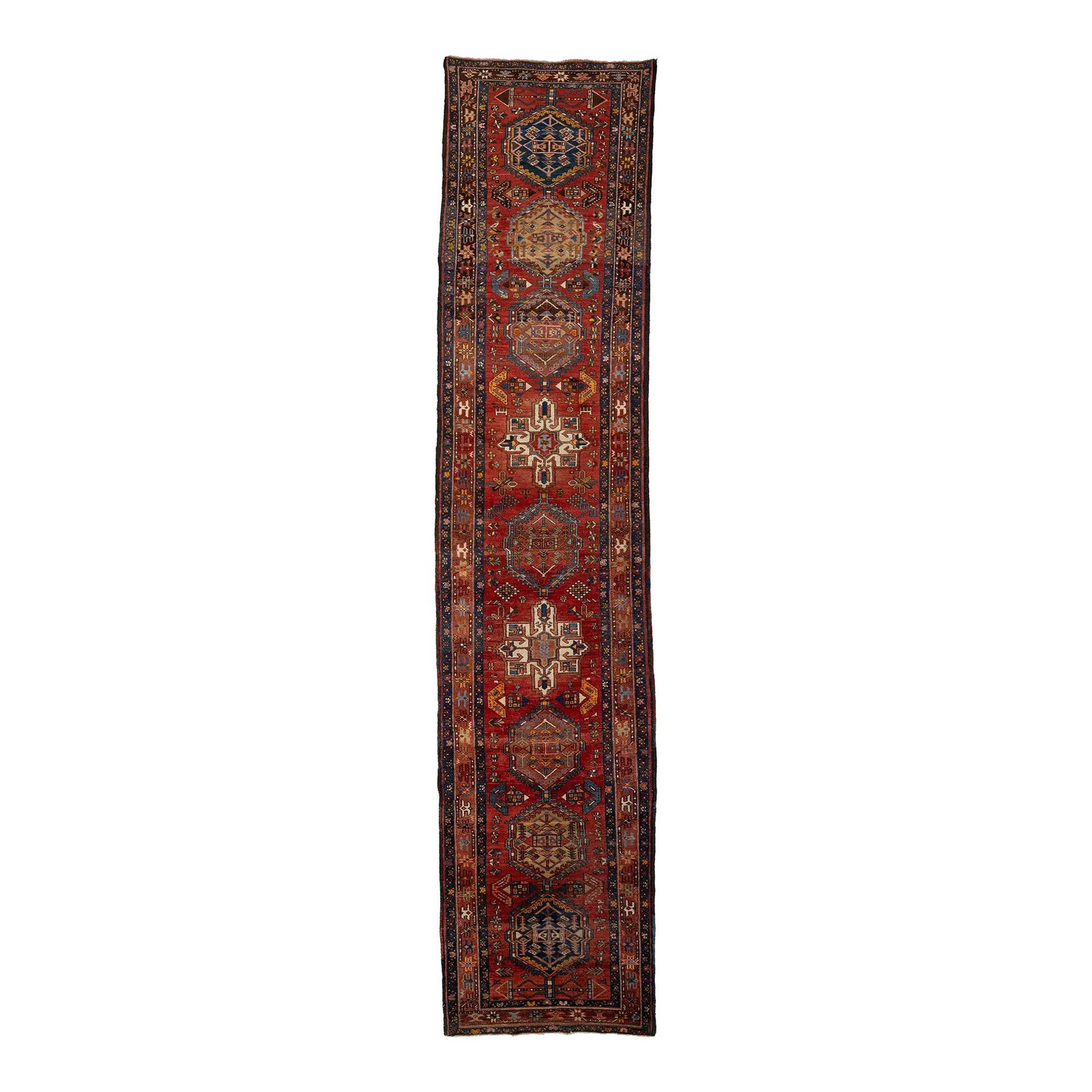 1920s Persian Heriz Handmade Wool Runner Red 3'5 x 17'9: 1920s Persian Heriz Handmade Wool Runner Red 3'5 x 17'9 Discover the elegance of this 1920's Persian Heriz wool runner, featuring a stunning red field adorned with multicolor accents that enhance its 