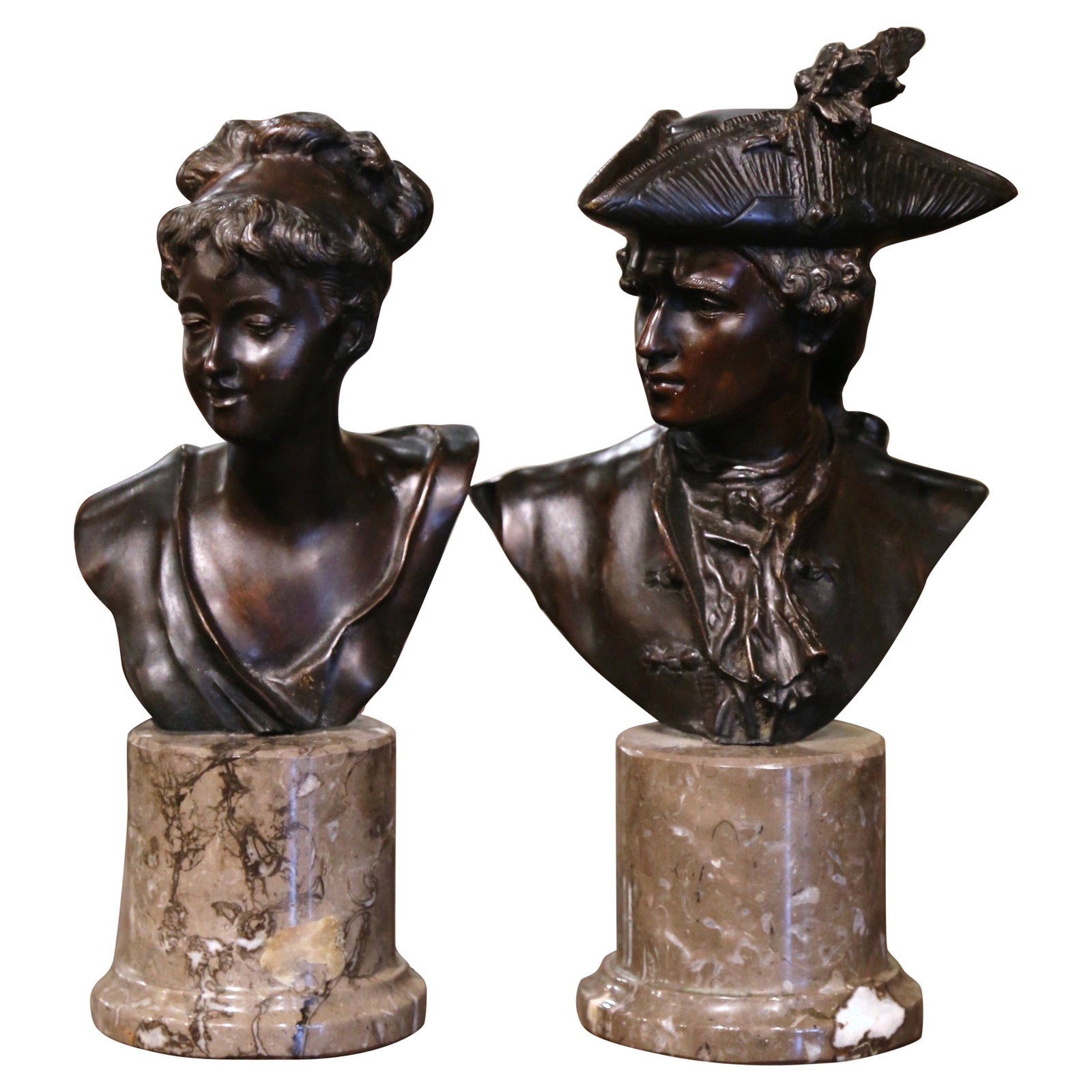 Set of 2 French Louis XV Bronze Busts on Marble Bases Signed Moreau: Set of 2 French Louis XV Bronze Busts on Marble Bases Signed Moreau This elegant pair of mid-century French busts features a Royalty couple depicted in detailed patinated bronze, each mounted on a cir