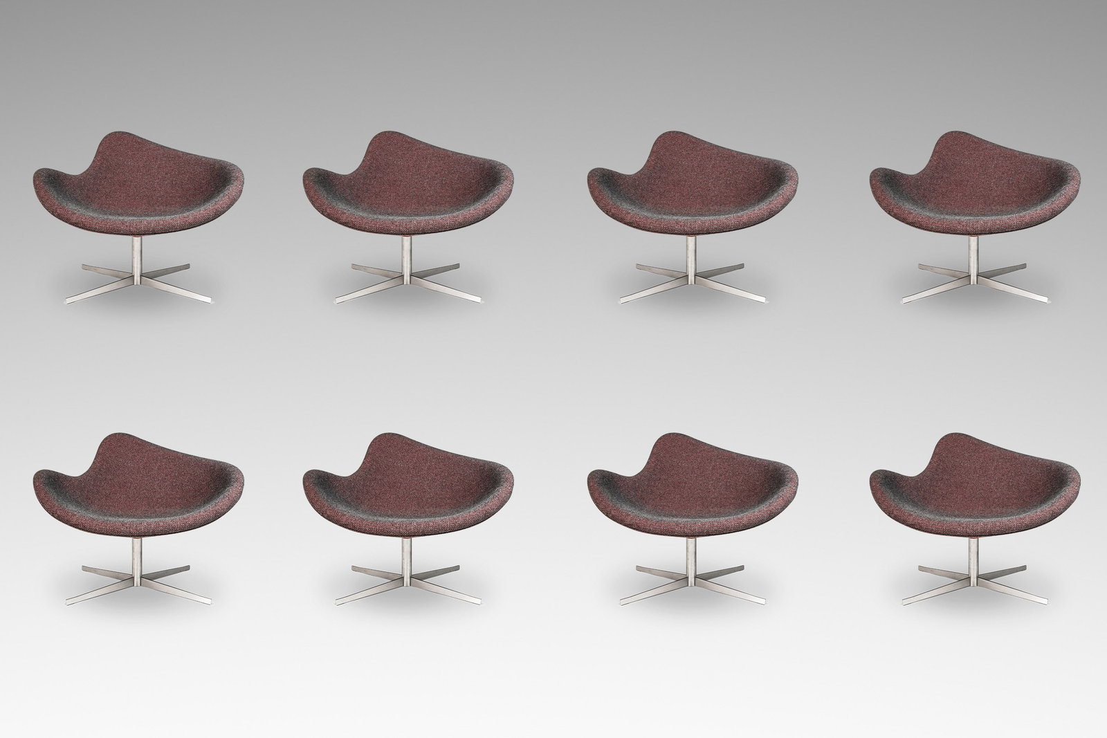 Set of 8 Postmodern K2 Magenta Swivel Chairs by Busk & Hertzog for Hightower: Set of 8 Postmodern K2 Magenta Swivel Chairs by Busk & Hertzog for Hightower Elevate your space with this stunning set of eight Postmodern "K2" chairs, designed by the renowned Danish duo Flemming Bus