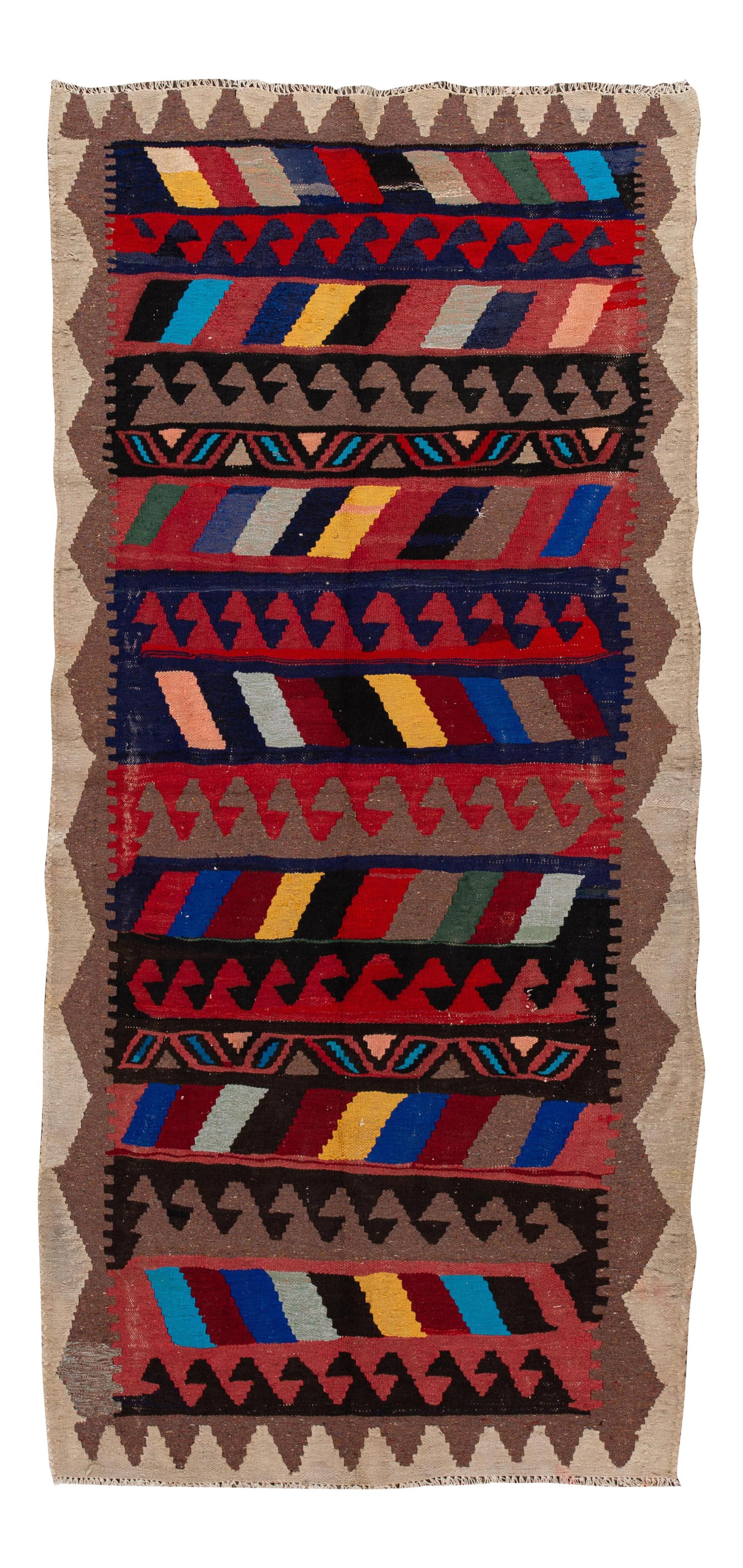 Hand-Woven Vintage Kilim Runner Rug Tan 4'2 x 9'5 Wool: Hand-Woven Vintage Kilim Runner Rug Tan 4'2 x 9'5 Wool Discover the charm of this mid-20th century vintage Kilim runner rug, meticulously hand-woven with a striking tan field and vibrant multi-color a