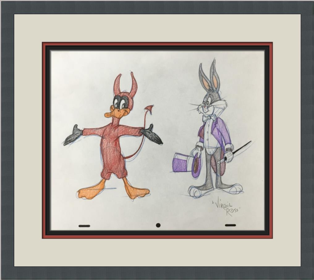 Virgil Ross Signed Daffy Duck Bugs Bunny Model Sheet Custom Framed: Virgil Ross Signed Daffy Duck Bugs Bunny Model Sheet Custom Framed This original signed model sheet drawing features iconic characters Daffy Duck and Bugs Bunny, illustrated by renowned animator Virgi