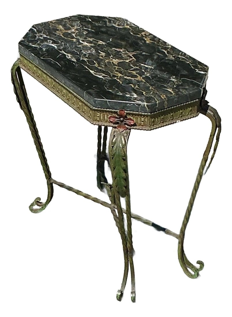 Vintage Art Deco Stone Top Wrought Iron Side Table with Rose Motif: Vintage Art Deco Stone Top Wrought Iron Side Table with Rose Motif Elevate your space with this stunning Vintage Deco Side Table that embodies Art Deco glamour. Featuring a luxurious stone top, likely