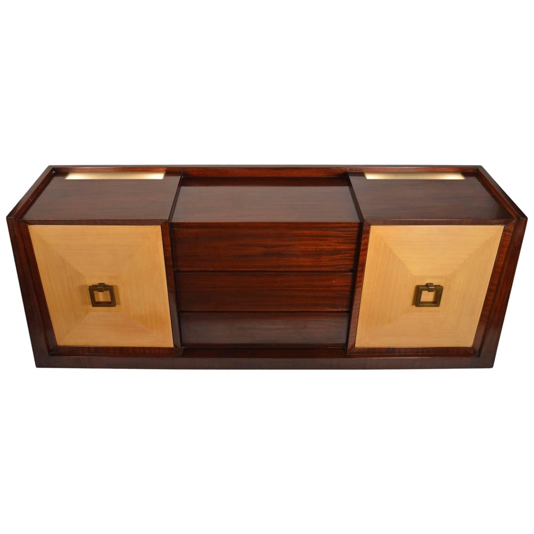 1940s Two-Tone Light Up Mahogany Credenza with Brass Handles: 1940s Two-Tone Light Up Mahogany Credenza with Brass Handles This stunning 1940s two-door cabinet features light-up panels and three center drawers, perfect for adding a touch of vintage elegance to y