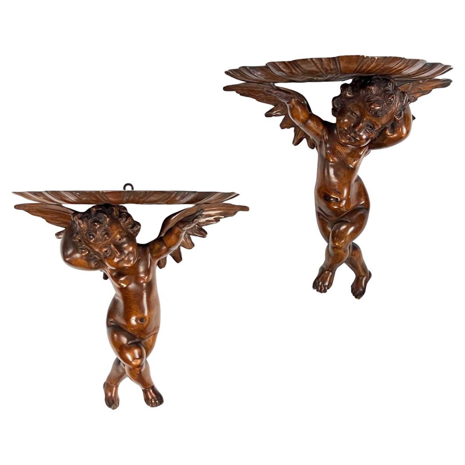 Set of 2 Italian Carved Wood Wall Brackets with Putti Figures: Set of 2 Italian Carved Wood Wall Brackets with Putti Figures This is a pair of vintage Italian carved wooden wall brackets featuring figurative putti design. Crafted in the early 20th century, these 