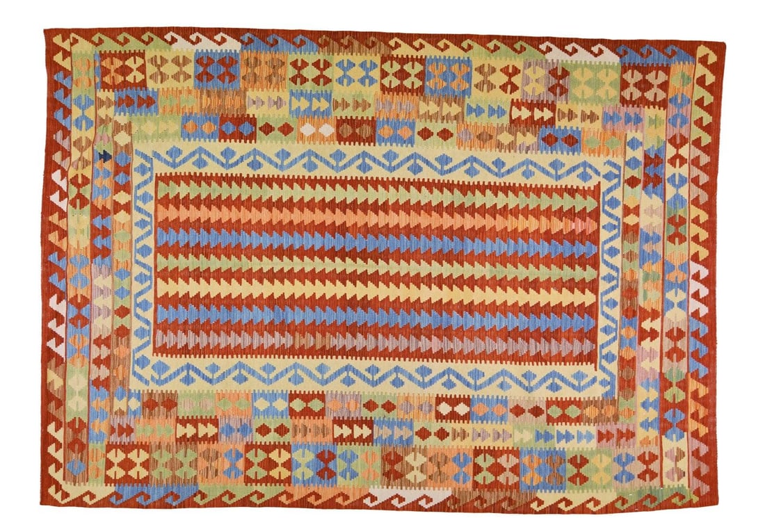 Maimana Afghan Kilim Rug in Organic Wool with Geometric Motif 6'10" x 9'7" (1 of 5)
