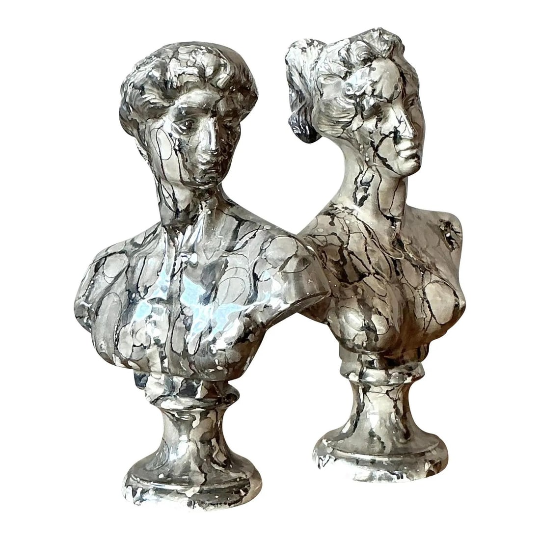 Pair of Faux Marble Glazed Ceramic Busts in Classical Greco-Roman Style: Pair of Faux Marble Glazed Ceramic Busts in Classical Greco-Roman Style This set of two vintage ceramic busts features classical Greco-Roman figures, including a male modeled after Michelangelo's Davi