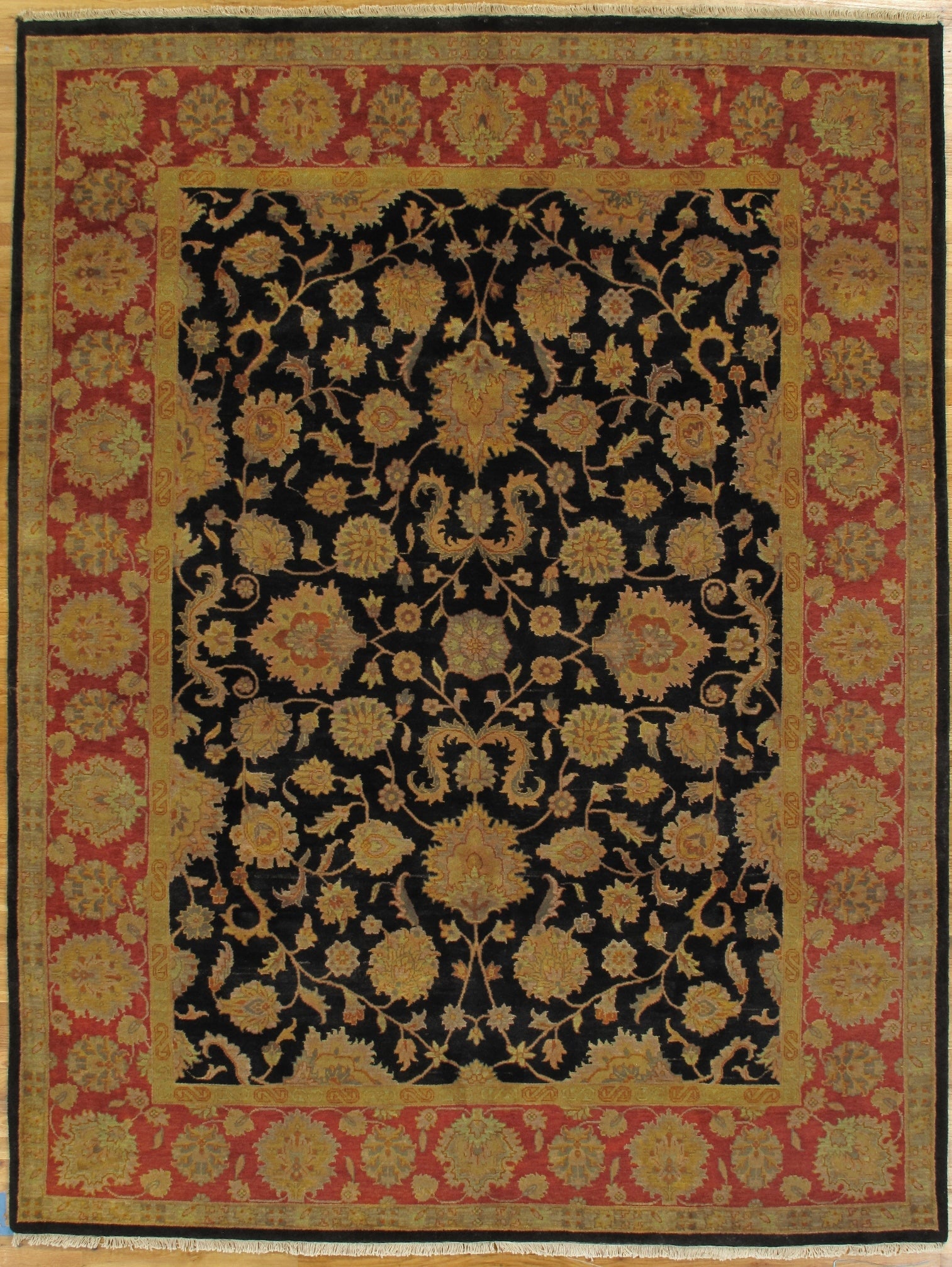 7.8 x 10 Handmade Black Traditional Agra Wool Rug: 7.8 x 10 Handmade Black Traditional Agra Wool Rug Free continental US Shipping Elevate your home decor with the exquisite 7.8 x 10 Black Traditional Agra Rug, a stunning representation of handwoven cr
