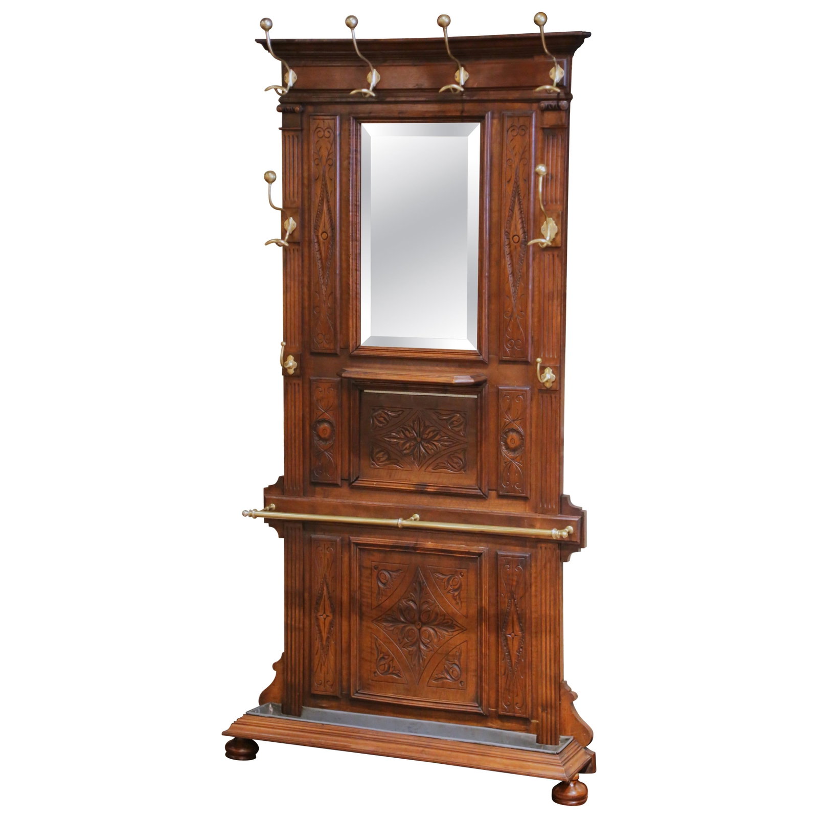 French Henri II walnut hall stand with mirror 8 brass hooks (1 of 14)