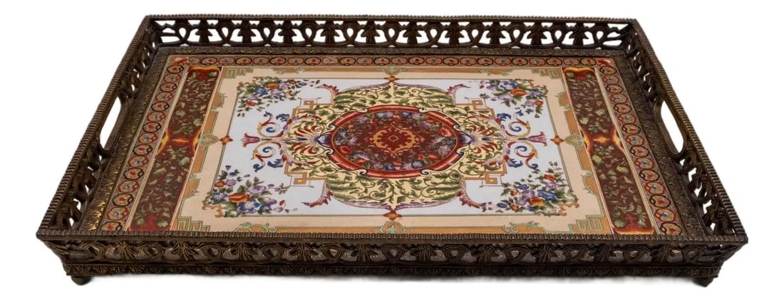 Elegant Hand Painted Bronze Porcelain Serving Tray 23x16: Elegant Hand Painted Bronze Porcelain Serving Tray 23x16 This exquisite Heavy Castilian Hand Painted Bronze & Porcelain Serving Tray combines elegance with functionality. Its fine carved details and h
