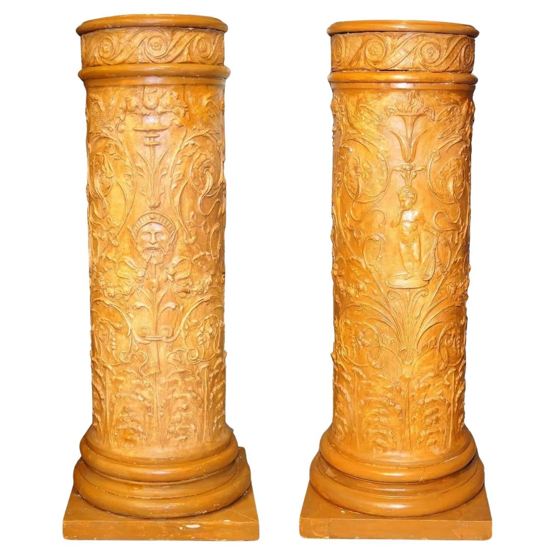 Set of 2 1930s Neoclassical Gesso Pedestals with Greco-Roman Relief Motifs: Set of 2 1930s Neoclassical Gesso Pedestals with Greco-Roman Relief Motifs This pair of vintage pedestals from the 1930s features gesso construction with intricate Greco-Roman neoclassical motifs in r