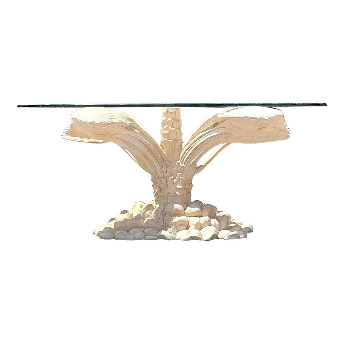 Vintage Boho Carved Palm Tree Dining Table Ecru Wood Glass 72x43.75: Vintage Boho Carved Palm Tree Dining Table Ecru Wood Glass 72x43.75 Elevate your home decor with this Vintage Boho Carved Palm Tree Dining Table, a stunning piece that embodies tropical elegance. Meti