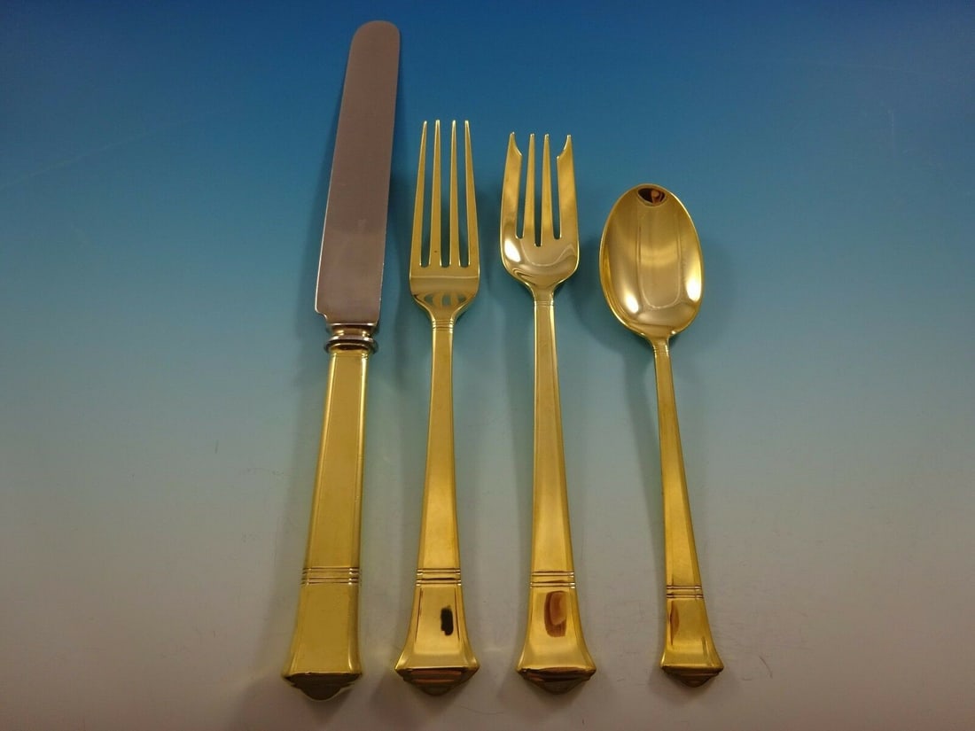 Tiffany & Co. Windham Vermeil Sterling Silver 4-Piece Place Setting: Tiffany & Co. Windham Vermeil Sterling Silver 4-Piece Place Setting Enhance your dining experience with this exquisite 4-piece place setting from Tiffany & Co.'s Windham vermeil pattern. This stunning