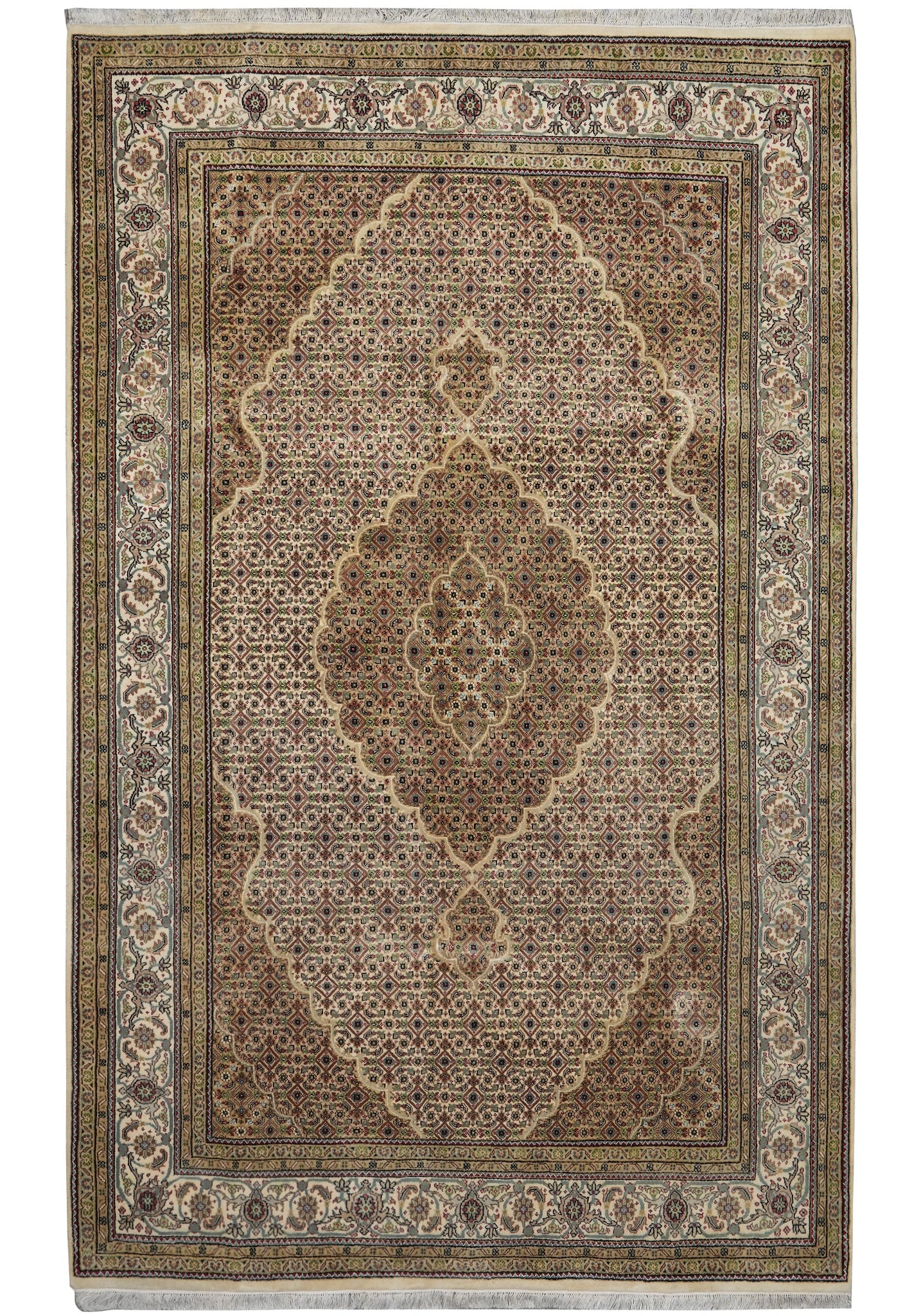6.5 x 10 Handmade Mahi Tabriz Rug Wool and Silk Floral Design: 6.5 x 10 Handmade Mahi Tabriz Rug Wool and Silk Floral Design Free continental US Shipping This handmade Mahi Tabriz rug features a luxurious blend of wool and silk, expertly hand-knotted by skilled a