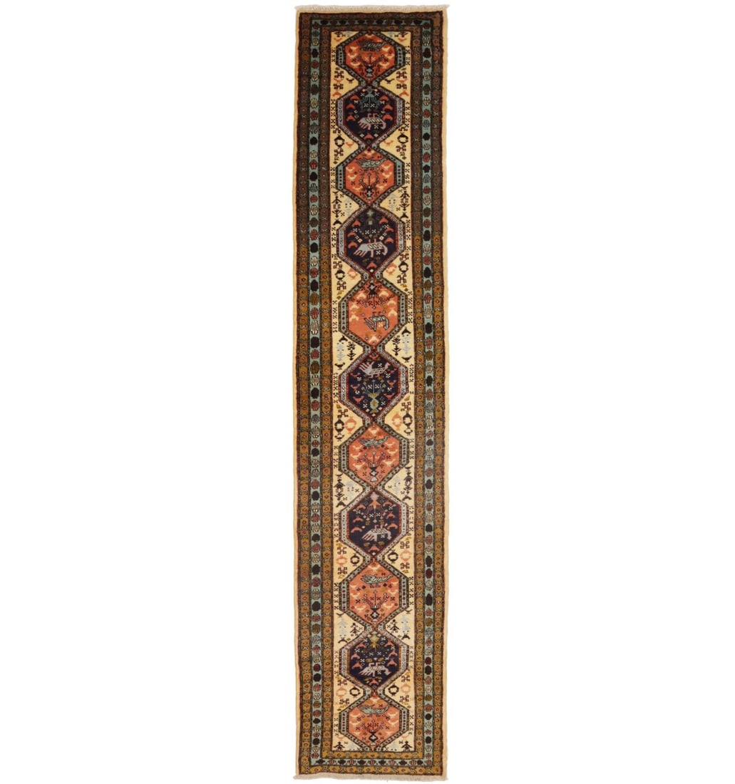 Vintage Semi-Antique 2'5 x 12'9 Hand-Knotted Wool Geometric Runner Rug: Vintage Semi-Antique 2'5 x 12'9 Hand-Knotted Wool Geometric Runner Rug Enhance your space with this stunning semi-antique Oriental runner rug, featuring a geometric design that complements various roo