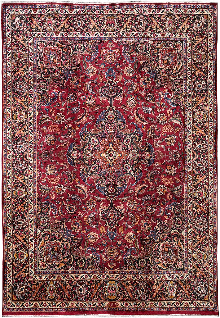 9.5 x 12.5 Hand-Knotted Red Persian Wool Rug Traditional Floral Iran: 9.5 x 12.5 Hand-Knotted Red Persian Wool Rug Traditional Floral Iran Free continental US Shipping This 9.5 x 12.5 hand-knotted Persian traditional rug features a rich red field with navy blue, ivory, 