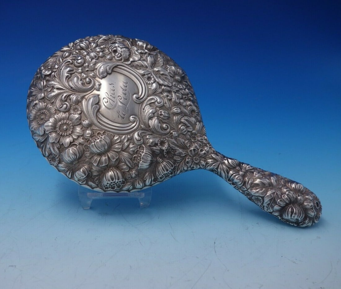 Gorham Cluny Sterling Silver Hand Mirror #590 Monogrammed Vintage: Gorham Cluny Sterling Silver Hand Mirror #590 Monogrammed Vintage Presenting a stunning hand mirror from the renowned Gorham Silver Company, crafted in sterling silver and part of the elegant Cluny pa