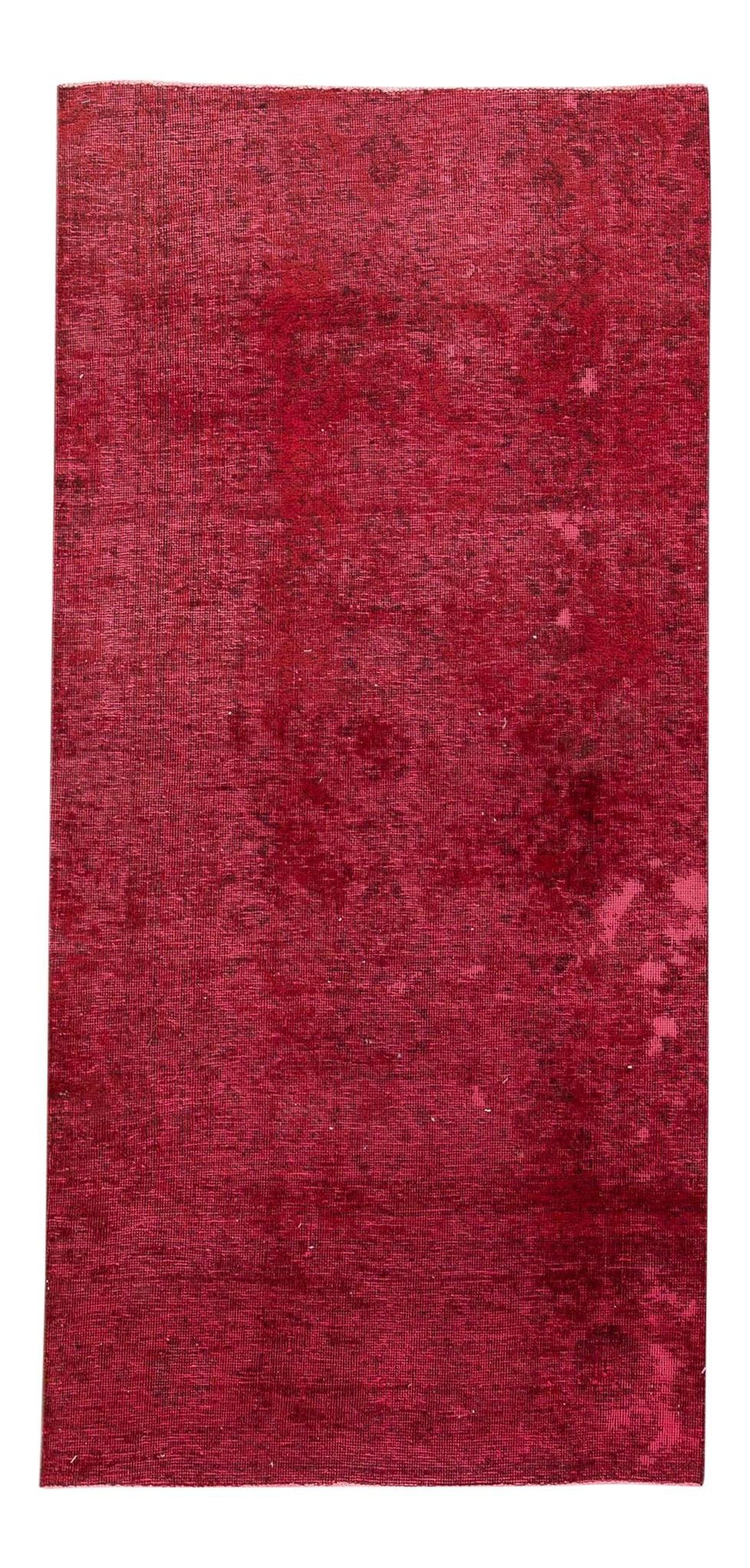 Mid 20th Century Ruby Red Overdyed Wool Scatter Rug: Mid 20th Century Ruby Red Overdyed Wool Scatter Rug This stunning vintage hand-knotted scatter rug features a rich ruby-red field adorned with a distressed design, adding a touch of elegance to any sp