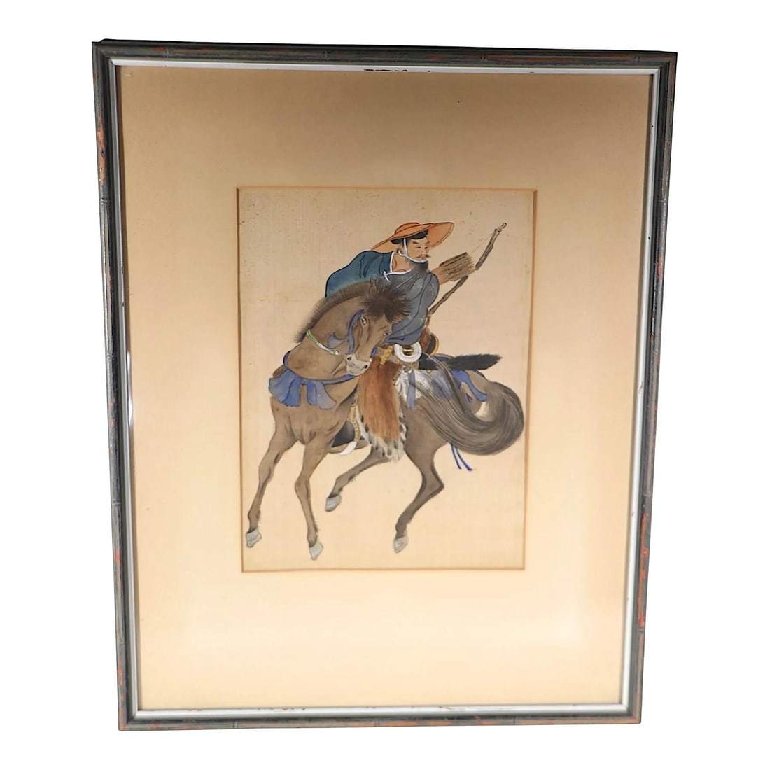 Framed Vintage Watercolor Japanese Warrior on Horseback 14.25x18: Framed Vintage Watercolor Japanese Warrior on Horseback 14.25x18 This vintage framed watercolor depicts a Japanese warrior on horseback, beautifully preserved under glass. The artwork is in good, orig