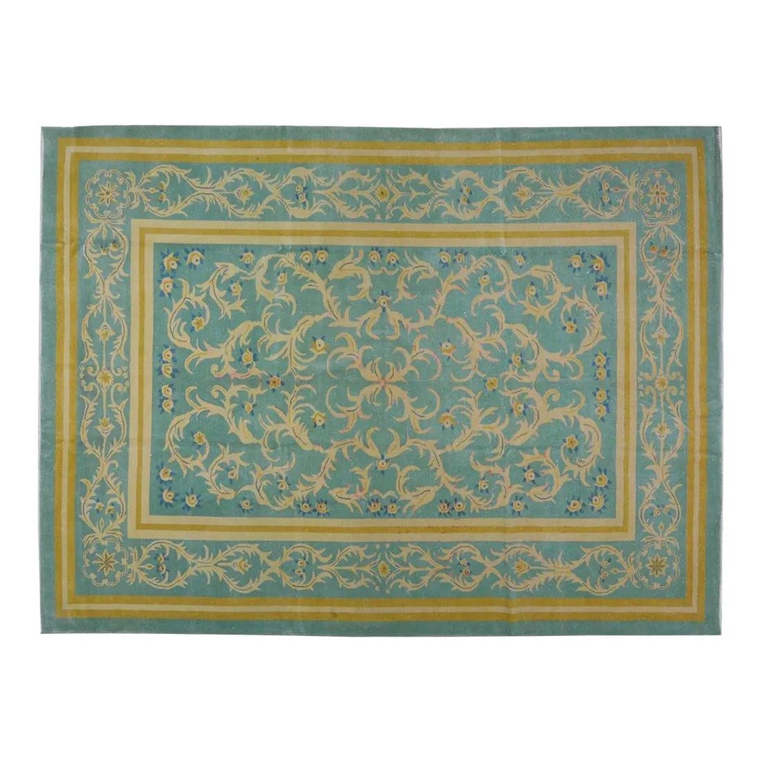 Hand-Knotted Wool Art Deco Rug in Bottle Green 8'8'' x 12'1'': Hand-Knotted Wool Art Deco Rug in Bottle Green 8'8'' x 12'1'' This vintage Chinese Art Deco rug is expertly hand-knotted from wool using traditional techniques. Its bottle green hue and rich texture o