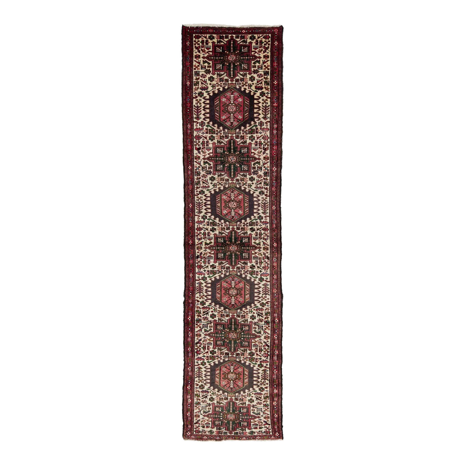 Beige Vintage Heriz Wool Runner 2'3 x 9'8 Geometric Design: Beige Vintage Heriz Wool Runner 2'3 x 9'8 Geometric Design Enhance your home decor with this stunning Vintage Heriz Handmade Wool Runner. Showcasing a timeless beige field enriched with vibrant green 
