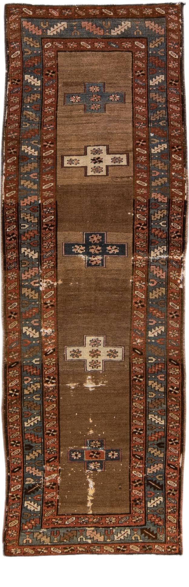 Antique Serab Handmade Brown Wool Runner 3'4 x 10'2 Geometric Design: Antique Serab Handmade Brown Wool Runner 3'4 x 10'2 Geometric Design This exquisite Antique Serab handmade rug features a beautifully distressed wool texture, showcasing a rich brown field adorned wit