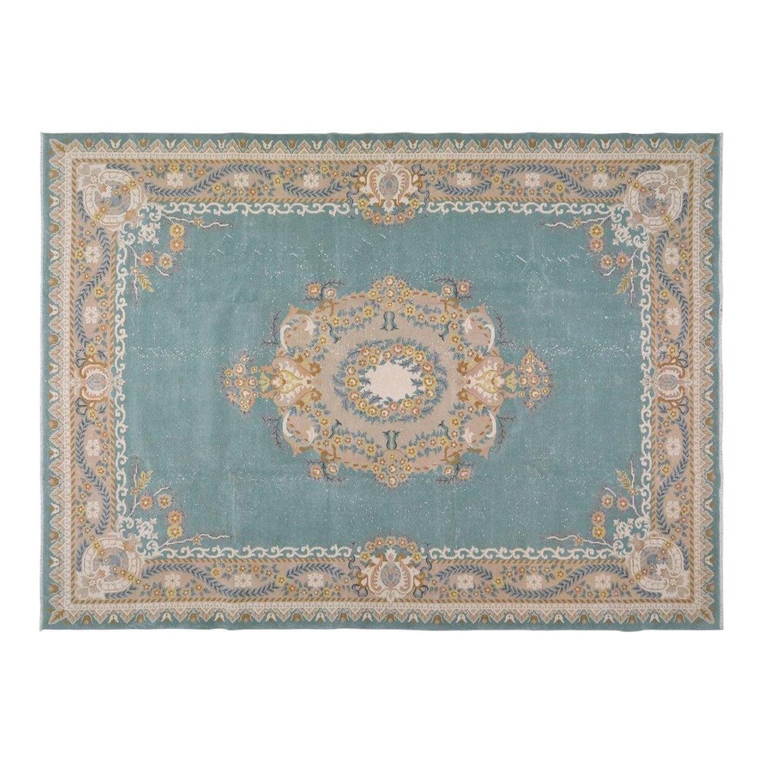 Chinese Art Deco Wool Rug 9'8x13'6 Turquoise: Chinese Art Deco Wool Rug 9'8x13'6 Turquoise This vintage Chinese Art Deco rug is hand-knotted from wool using traditional techniques. It features a rich turquoise color and a soft, durable texture th