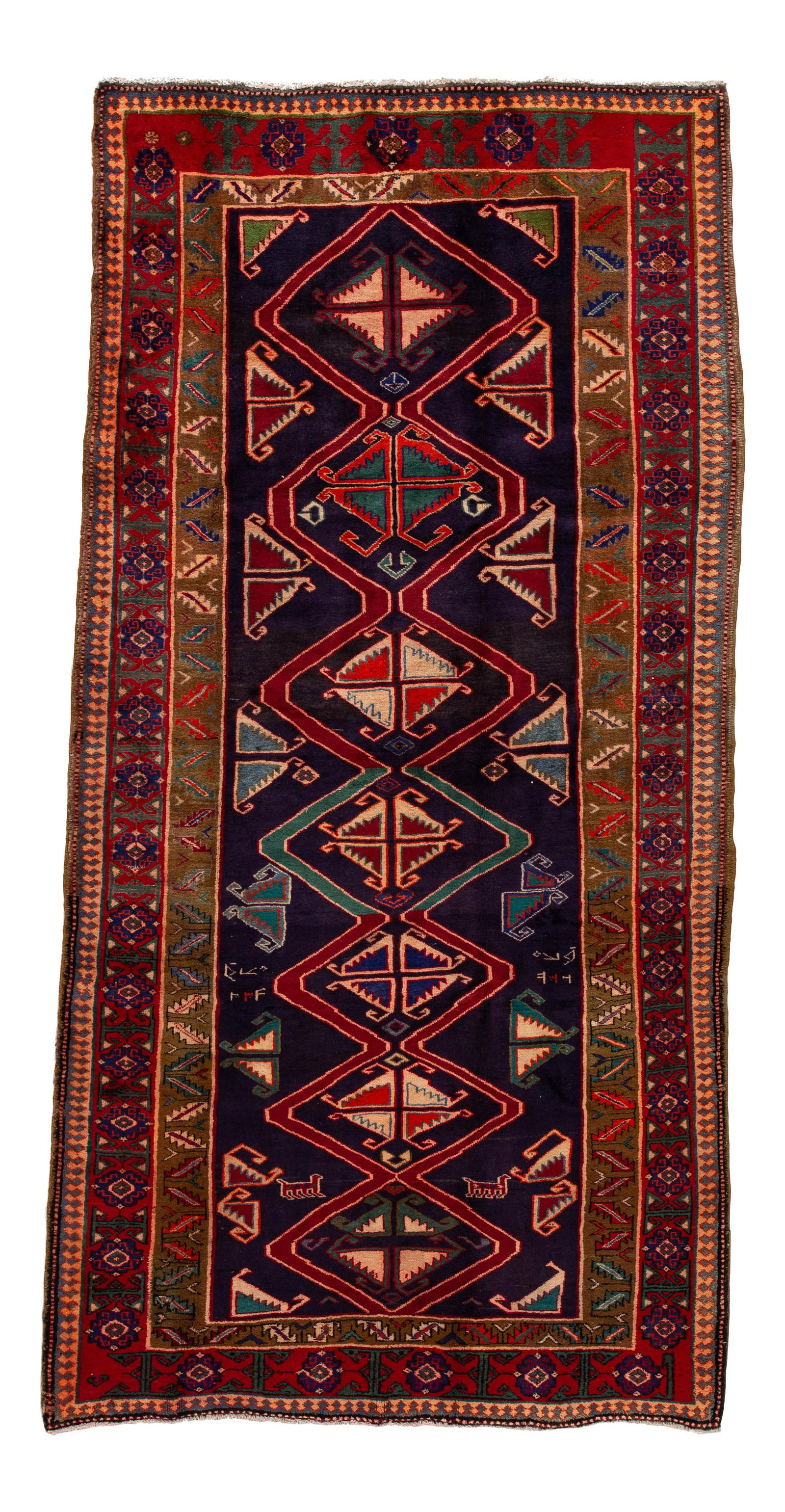 Vintage Persian Handmade Wool Runner Purple Geometric Design 4'6" x 9'1": Vintage Persian Handmade Wool Runner Purple Geometric Design 4'6" x 9'1" This stunning Vintage Persian Handmade Wool Runner showcases a rich purple field adorned with multicolor accents in a tradition