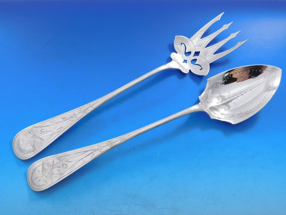Whiting Japanese Sterling Silver Salad Set 12 Long Brite-cut Handle: Whiting Japanese Sterling Silver Salad Set 12 Long Brite-cut Handle Elevate your dining experience with this exquisite salad serving set from Whiting Manufacturing Company, featuring the elegant Japan
