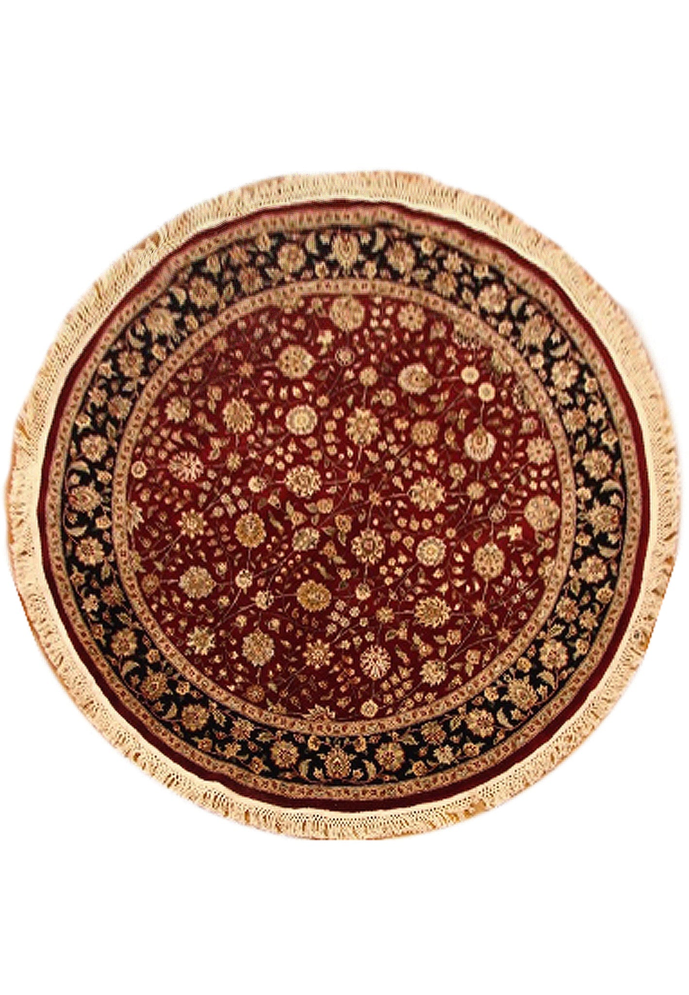 5 x 5 Round Hand-Knotted Wool and Silk Medallion Rug: 5 x 5 Round Hand-Knotted Wool and Silk Medallion Rug Free continental US Shipping This 5 x 5 round rug features a hand-knotted construction using premium wool and natural silk. The design centers arou