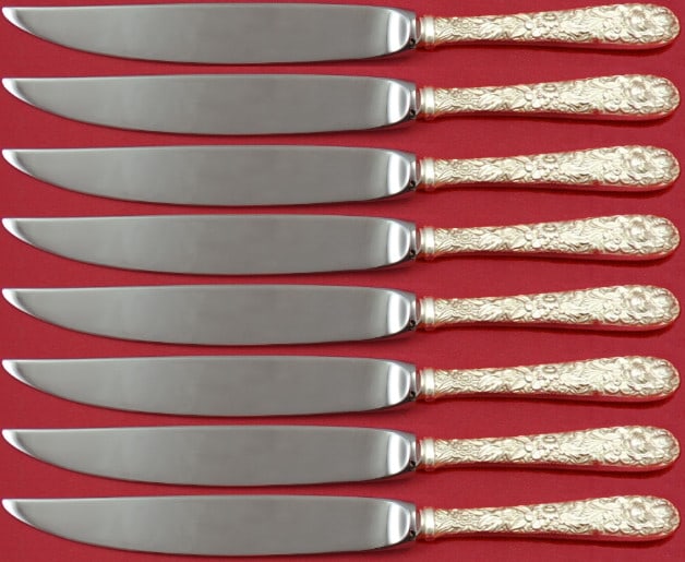 Kirk Repousse Sterling Silver Steak Knife Set of 8: Kirk Repousse Sterling Silver Steak Knife Set of 8 This exquisite 8-piece steak knife set, crafted in sterling silver, features a hollow handle design in the elegant Repousse pattern by Kirk. Each kni