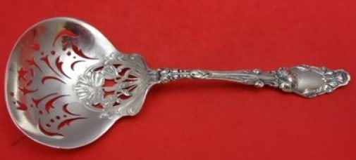 Gorham Virginiana Sterling Silver Pierced Serving Spoon 8 7/8": Gorham Virginiana Sterling Silver Pierced Serving Spoon 8 7/8" This exquisite serving spoon features the Virginiana pattern by Gorham, crafted from high-quality sterling silver. The spoon showcases a 