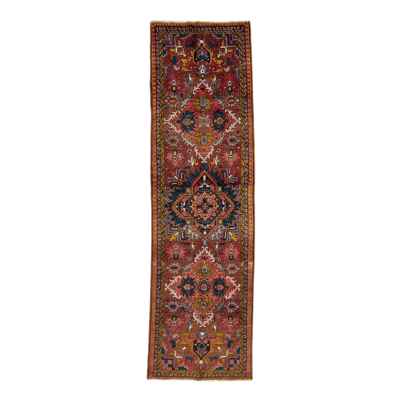 Vintage Persian Heriz Red Wool Runner 3'7 x 12'5 Medallion Design: Vintage Persian Heriz Red Wool Runner 3'7 x 12'5 Medallion Design This exquisite vintage Persian Heriz runner features a stunning hand-knotted design with a vibrant red color field, complemented by a 