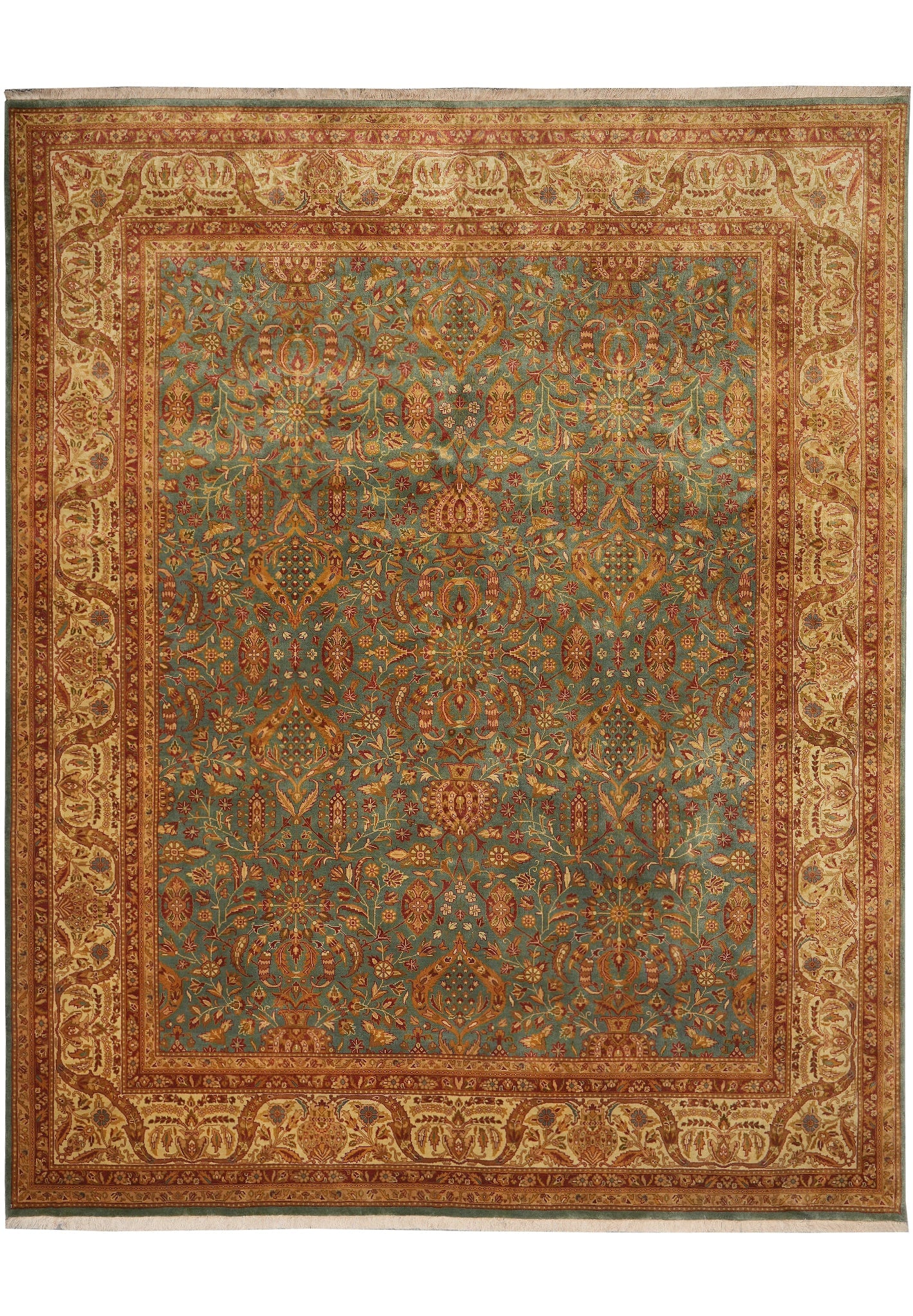 8.3 x 10 Handmade Agra Rug Green Gold 100% Wool: 8.3 x 10 Handmade Agra Rug Green Gold 100% Wool Free continental US Shipping This 8.3 x 10 Quality Handmade Agra Rug features a green and gold palette with intricate patterns and traditional hand-knot