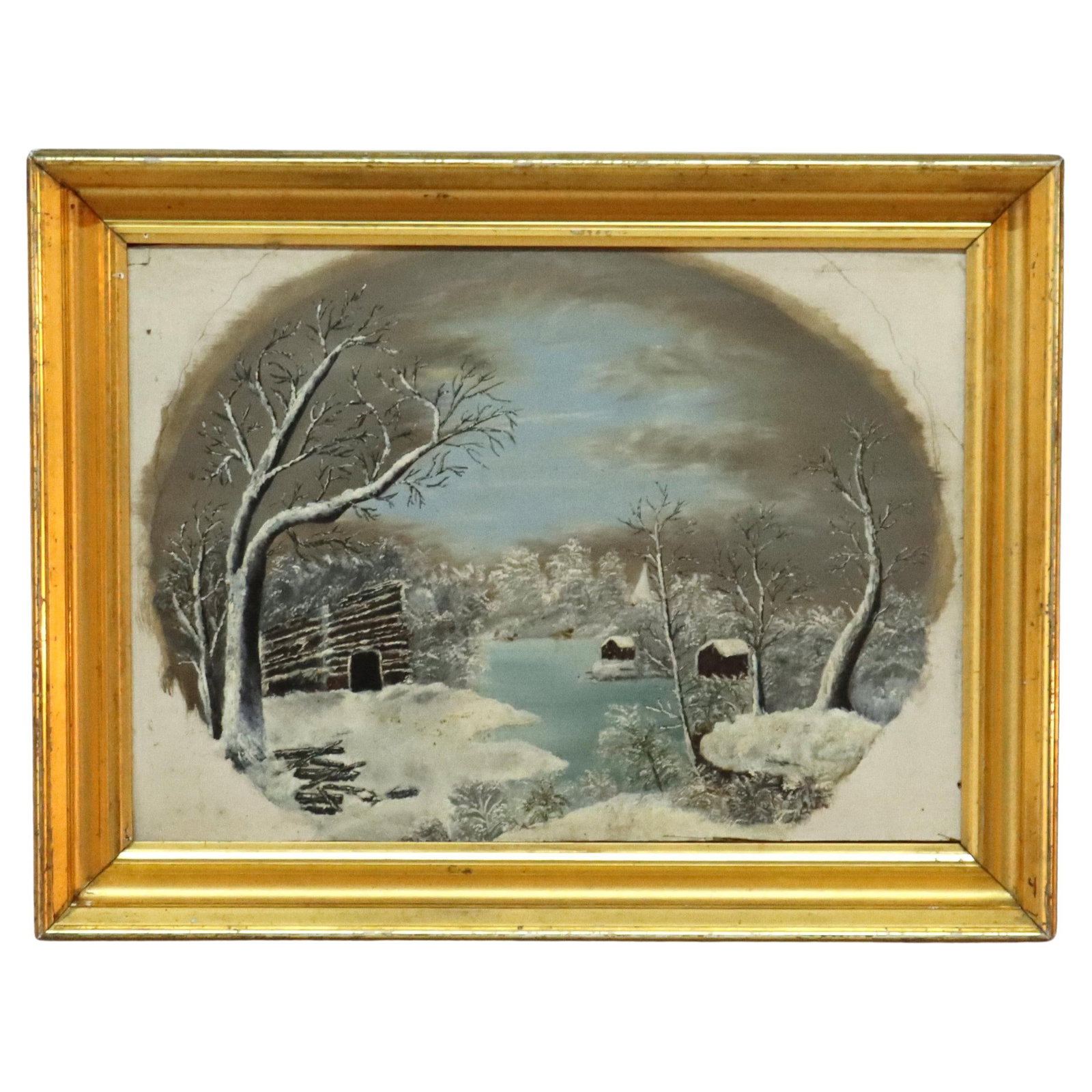Antique Oil Painting Winter Landscape c1870 in Giltwood Frame: Antique Oil Painting Winter Landscape c1870 in Giltwood Frame This exquisite antique oil on board painting captures a serene winter landscape, dating back to circa 1870. The artwork depicts snow-cover