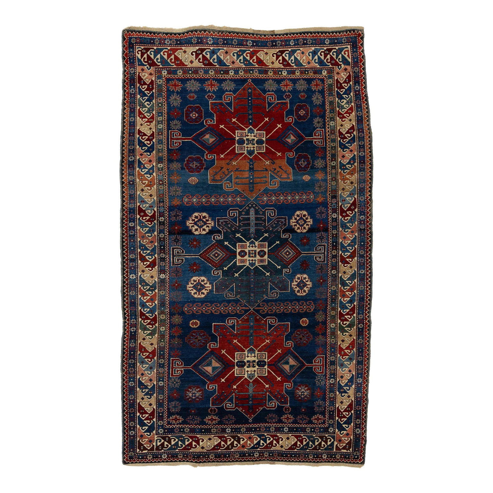 Vintage Persian Shirvan Handmade Wool Rug Blue Tribal Design 4'3 x 7'6: Vintage Persian Shirvan Handmade Wool Rug Blue Tribal Design 4'3 x 7'6 This exquisite Antique Persian Shirvan Wool Rug showcases a stunning tribal pattern adorned with beige, red, and green accents se