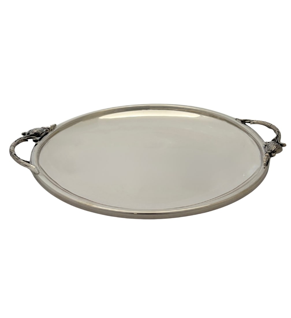 Durham Sterling Silver Round Platter with Two Handles: Durham Sterling Silver Round Platter with Two Handles This antique Durham Silver Co. two-handle platter is crafted from 925 sterling silver and features handmade floral and leaf motifs in a round desi