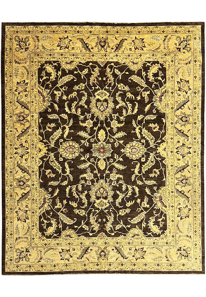 Handmade 11'10 x 14'5 Chocolate Brown Chobi Peshawar Oushak Rug: Handmade 11'10 x 14'5 Chocolate Brown Chobi Peshawar Oushak Rug Free continental US Shipping Elevate your living space with this stunning handmade rug, a perfect blend of style and craftsmanship. Meas