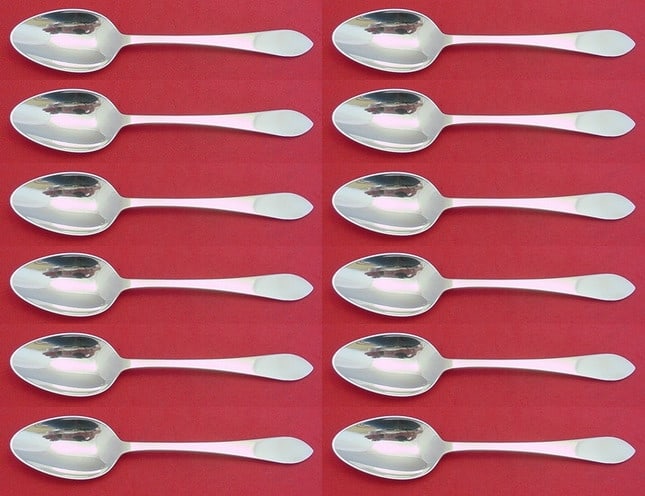 12 Sterling Silver Teaspoons Tiffany Co Faneuil Pattern 6 Set of 12: 12 Sterling Silver Teaspoons Tiffany Co Faneuil Pattern 6 Set of 12 Faneuil by Tiffany and Co. sterling silver teaspoon set of 12, each measuring 6 inches. The spoons are not monogrammed and are in ex