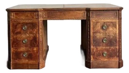 Regency Style Burlwood Desk With Fretwork Detailing And Hutch: Regency Style Burlwood Desk With Fretwork Detailing And Hutch This Regency-style desk is crafted from burl wood and showcases intricate fretwork detailing along the frieze and supports. The swirling p